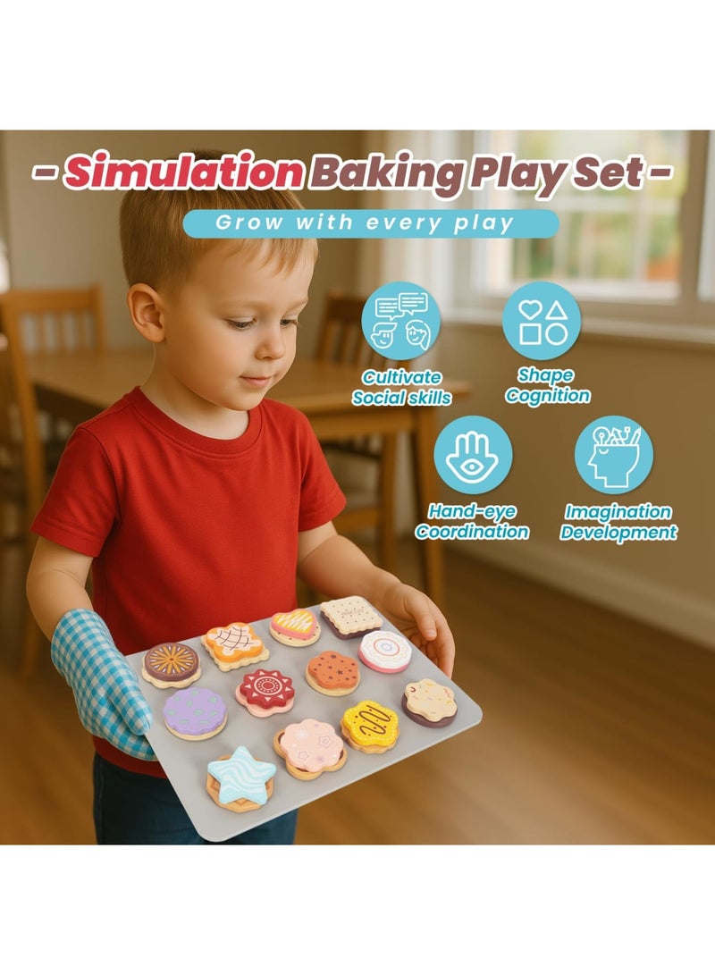 Slice and Bake Wooden Cookie Play Food Set for Kids, Pretend Kitchen Toys with 12 Cookies, Toppings, Knife, Spatula, Mitt  Tray, Educational Role Play Baking Set Gift for Toddlers Boys Girls - Image 5